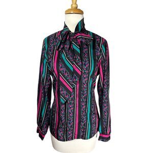 Vintage Jonquil Judy Bond Sz 12 NECK BOW SECRETARY Blouse Black Pink Teal Green